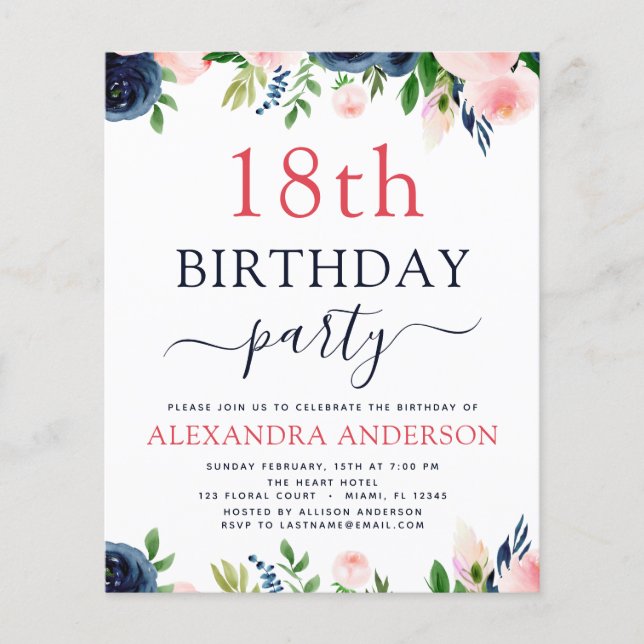 Budget 18th Birthday Navy Blue Blush Pink Floral Flyer (Front)