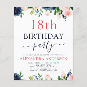 Budget 18th Birthday Navy Blue Blush Pink Floral Flyer