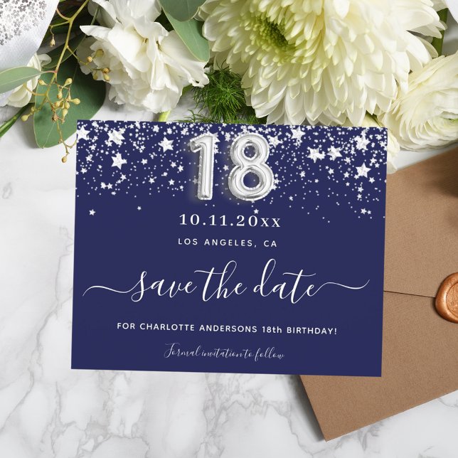 Budget 18th birthday navy blue silver save date (Creator Uploaded)