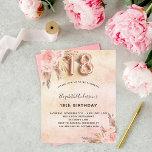 Budget 18th birthday pampas grass rose invitation<br><div class="desc">A rose gold,  blush pink rustic faux metallic looking background. Decorated with rose gold and pink florals,  roses,  pampas grass.  Personalise and add a name and party details. Number 18 is written with a balloon style font.</div>