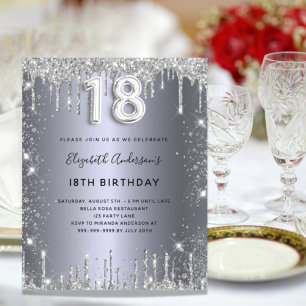 Budget 18th birthday silver glitter invitation