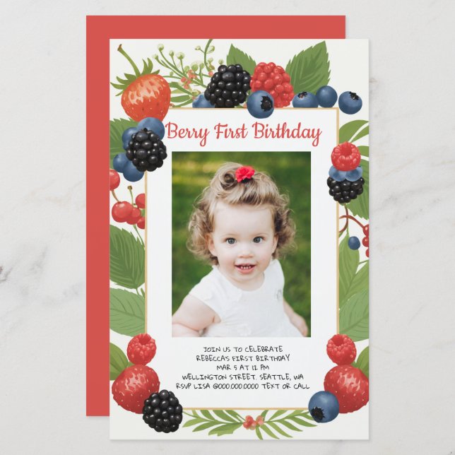 Budget 1st Birthday Berry First Photo Invite (Front/Back)