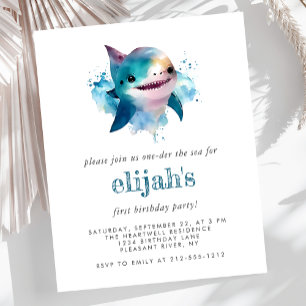 Budget 1st Birthday Blue Watercolor Shark Invite
