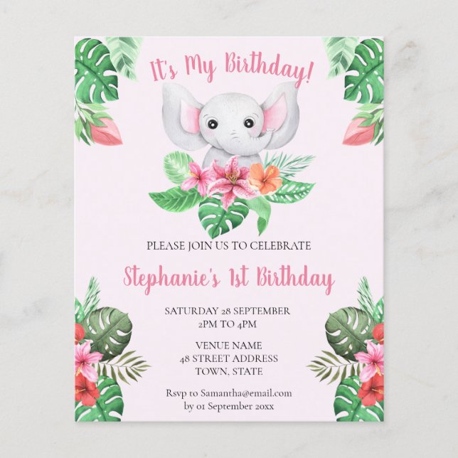 Budget 1st Birthday Pink Elephant Girl Invite (Front)