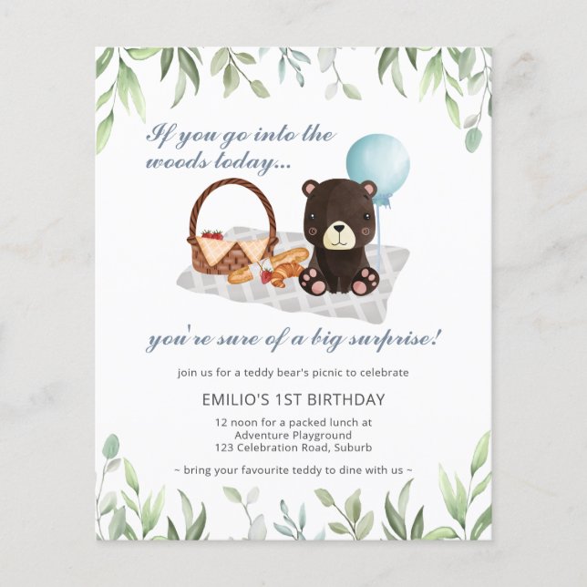 Budget 1st Birthday Teddy Bear Picnic Blue (Front)