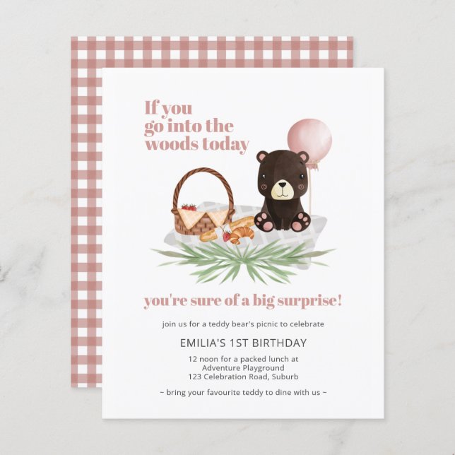 Budget 1st Birthday Teddy Bear Picnic Pink Invite (Front/Back)