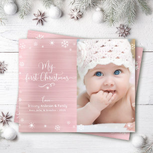 Budget 1st Holiday Baby Photo Snowflakes Pink Card