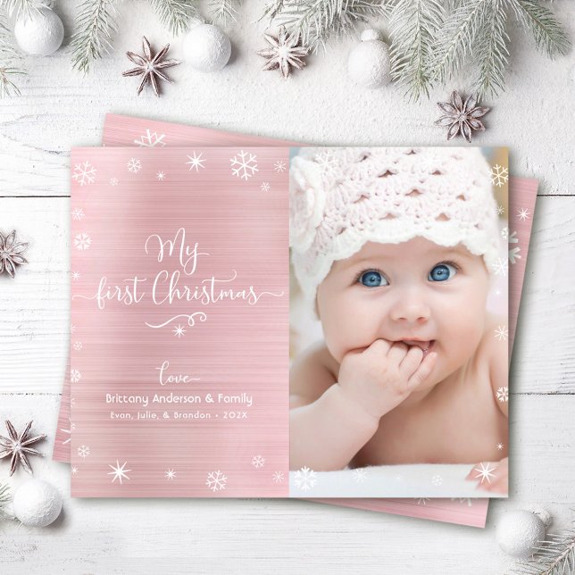 Budget 1st Holiday Baby Photo Snowflakes Pink Card (Creator Uploaded)