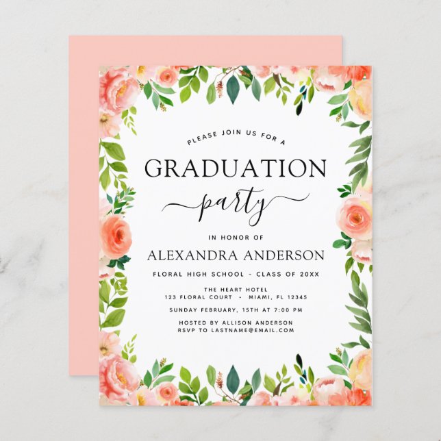 Budget 2022 Coral Peach Graduation Invitation (Front/Back)