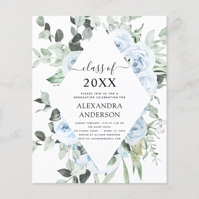 Budget 2022 Dusty Blue Graduation Floral Greenery Flyer (Front)