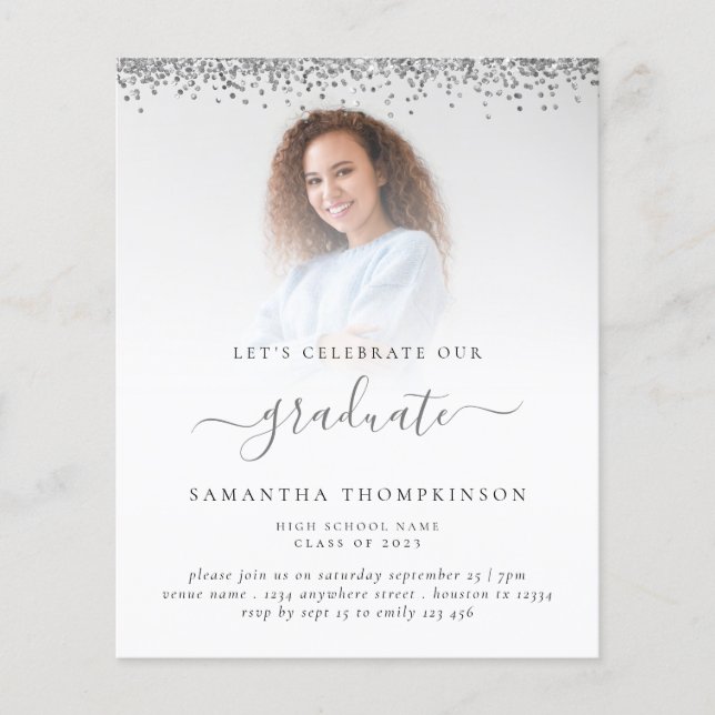 Budget 2022 Grad Photo Silver Glitter Invitation (Front)