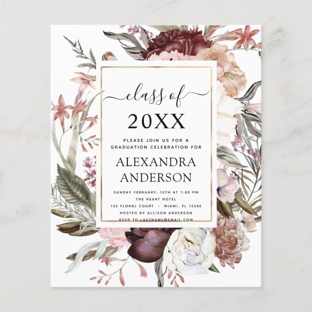 Budget 2022 Graduation Boho Dusty Pink Burgundy Flyer (Front)