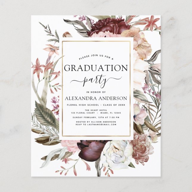 Budget 2022 Graduation Boho Dusty Pink Burgundy Flyer (Front)