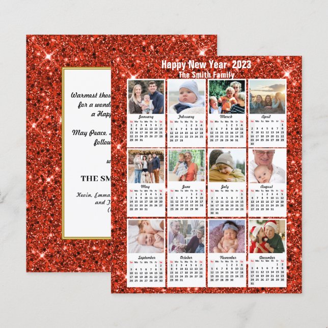 Budget 2023 Calendar 12 Photo Red Glitter Card (Front/Back)