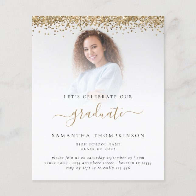 Budget 2023 Grad Photo Gold Glitter Invitation (Front)