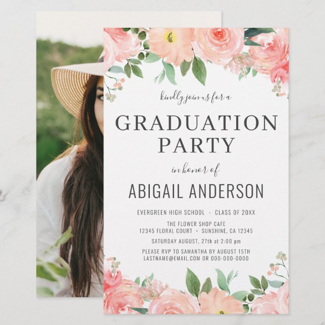 Budget 2023 Peach Coral Floral Grad Invitation (Front/Back)