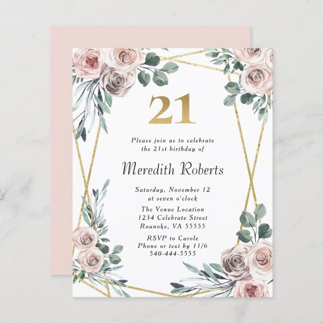 Budget 21st Birthday Floral Gold Party Invite (Front/Back)