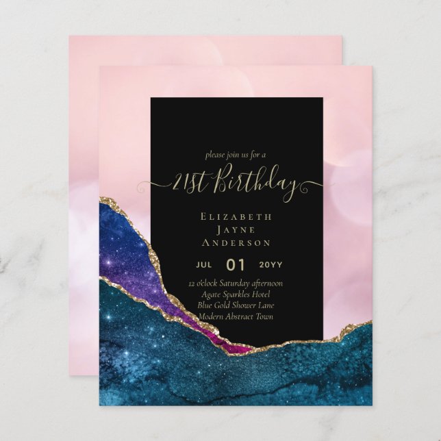 BUDGET 21st Birthday Glittery AGATE Sparkle Invite (Front/Back)