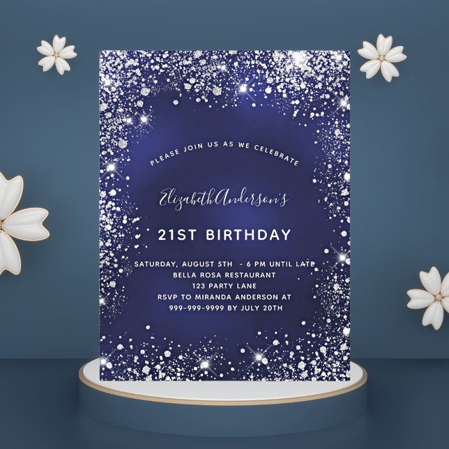 Budget 21st birthday navy blue silver invitation (Creator Uploaded)