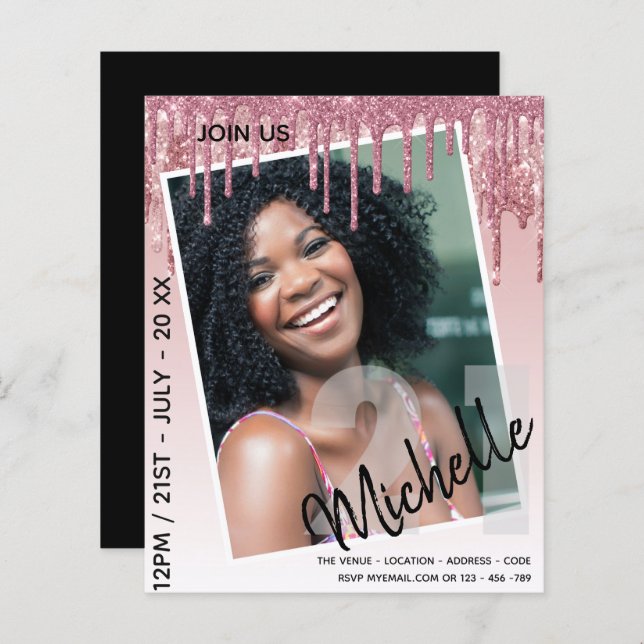 BUDGET 21st Birthday PHOTO Dripping Glitter Invite (Front/Back)