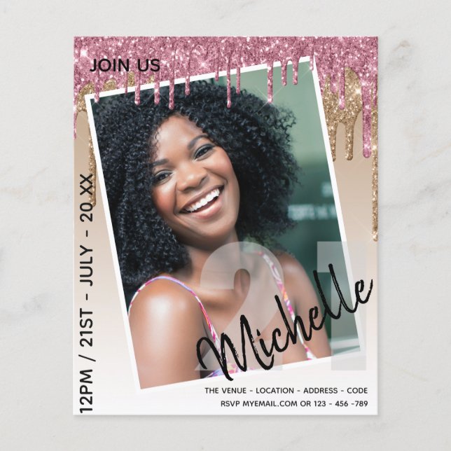 BUDGET 21st Birthday PHOTO Dripping Glitter Invite (Front)