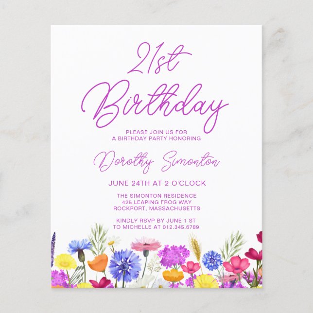 BUDGET 21st Birthday Purple Wildflower Invitation (Front)
