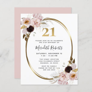 Budget 21st Birthday Rose Floral Gold Party Invite