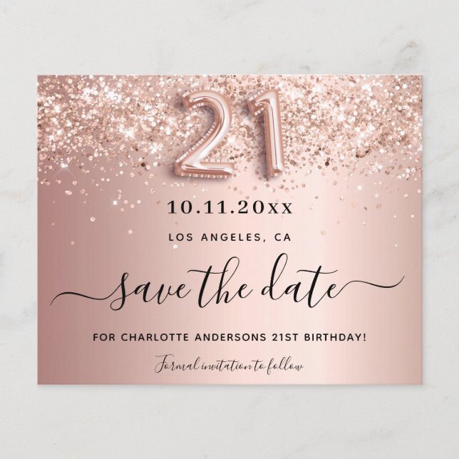Budget 21st birthday rose gold blush save the date (Front)