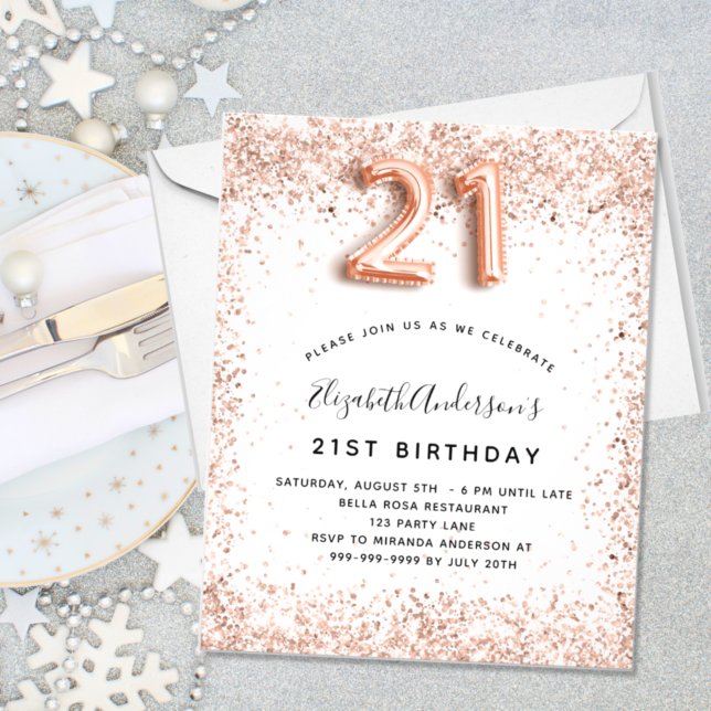 Budget 21st birthday rose gold white invitation (Creator Uploaded)
