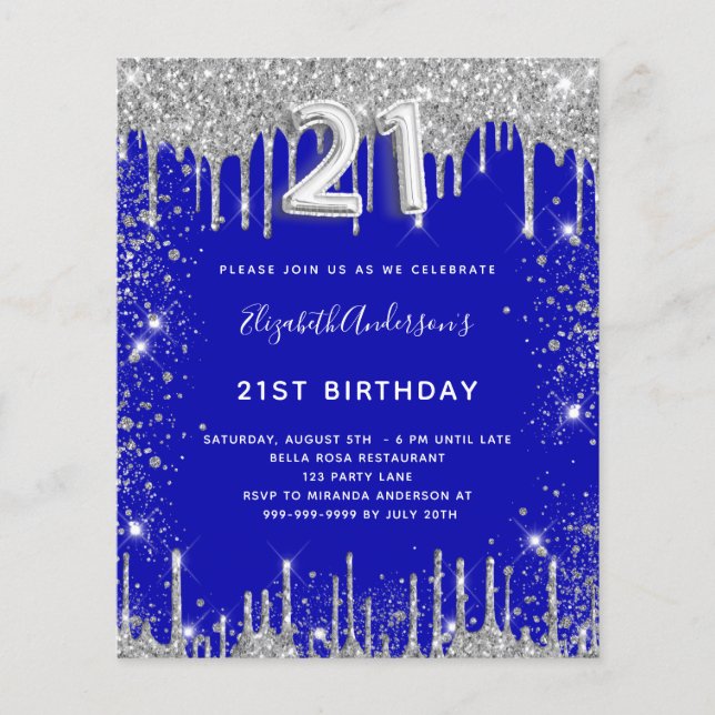 Budget 21st birthday royal blue silver glitter (Front)