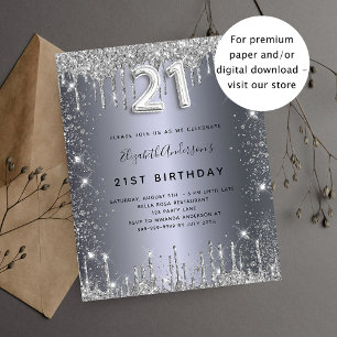 Budget 21st birthday silver glitter invitation