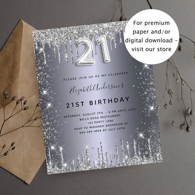 Budget 21st birthday silver glitter invitation (Creator Uploaded)