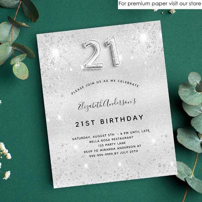 Budget 21st birthday silver glitter invitation (Creator Uploaded)