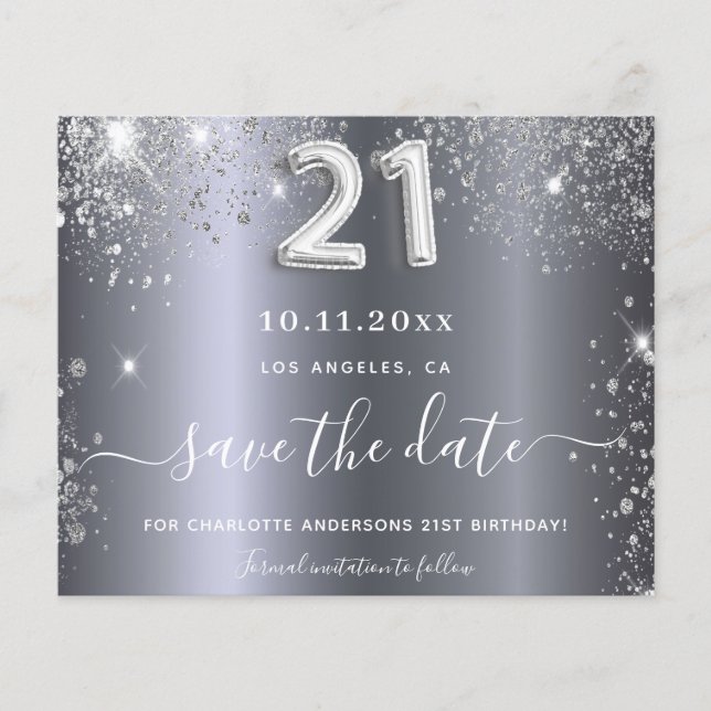 Budget 21st birthday silver glitter save the date (Front)