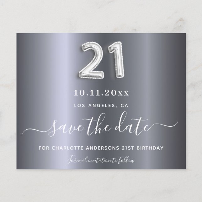 Budget 21st birthday silver save the date (Front)