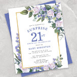 Budget 21st Birthday Surprise Party Invitation<br><div class="desc">Honour a special woman with this elegant and feminine Budget 21st Birthday Surprise Party invitation. Surprise and 21st are written in large blue text. Birthday Celebration follows. The honoured guest's name is also in blue capital letters. The birthday celebration details are surrounded by a chic gold frame. The blue flowers...</div>