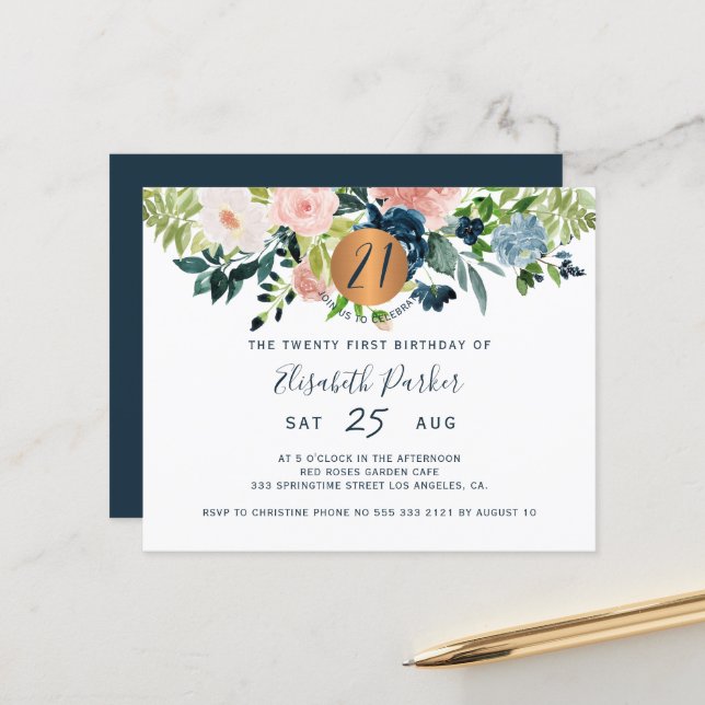 Budget 21st floral birthday party Invitation (Front/Back In Situ)
