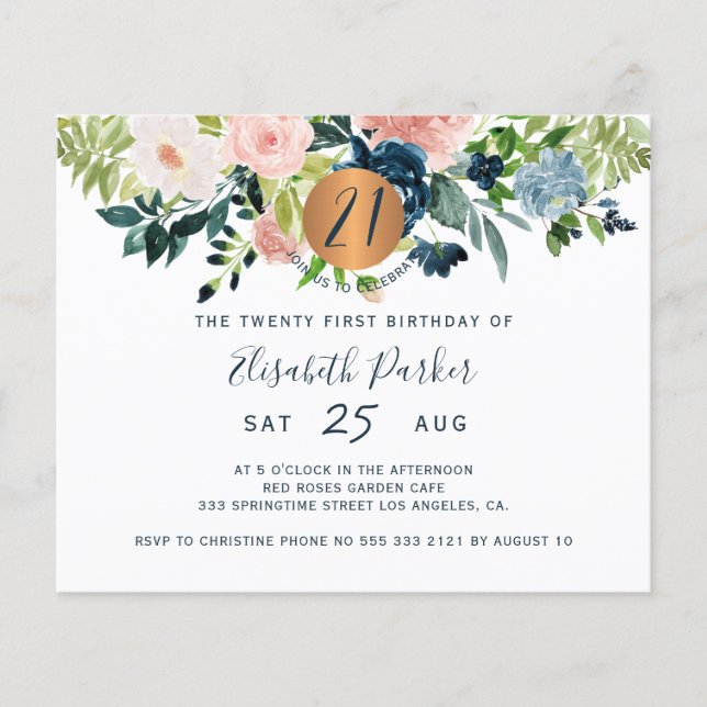Budget 21st floral birthday party Invitation Flyer (Front)