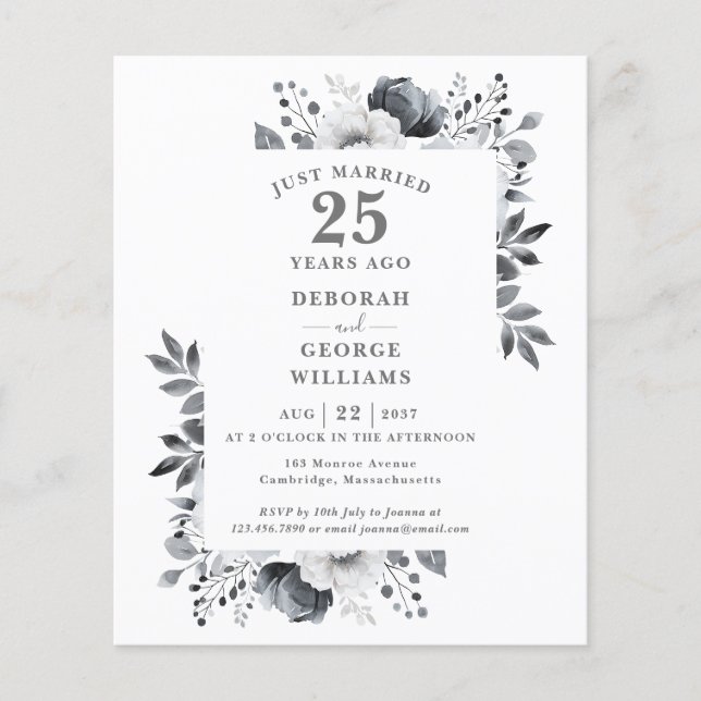Budget 25th Wedding Anniversary Floral Invitation (Front)