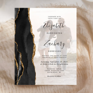 Budget 2-Photo Black Gold Agate Wedding Invitation