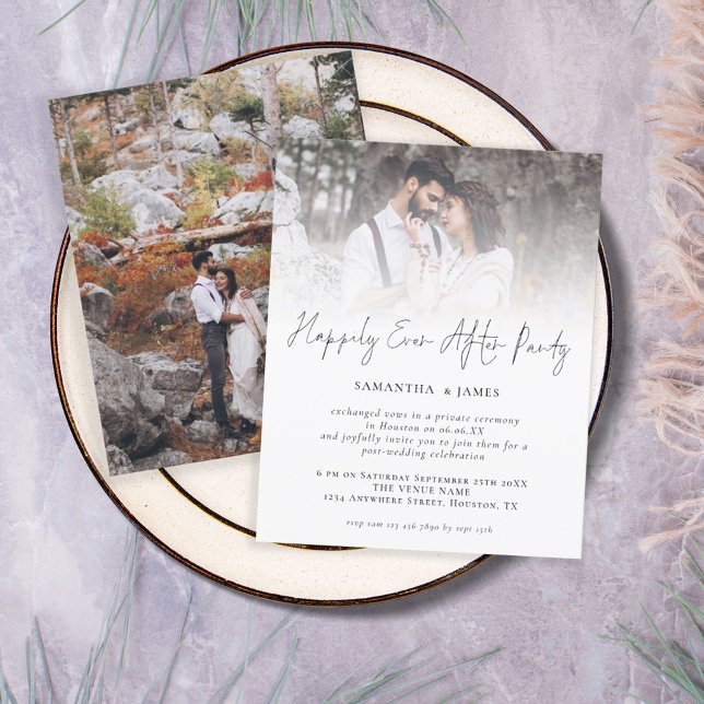 Budget 2 Photo Happily Ever After Wedding Invite (Front and back view. Budget price smaller alternative)