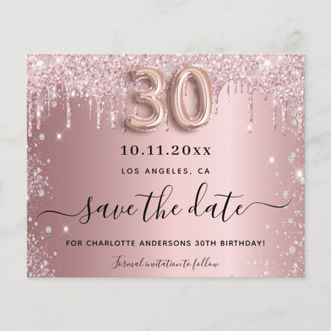 Budget 30th birthday blush glitter save the date (Front)