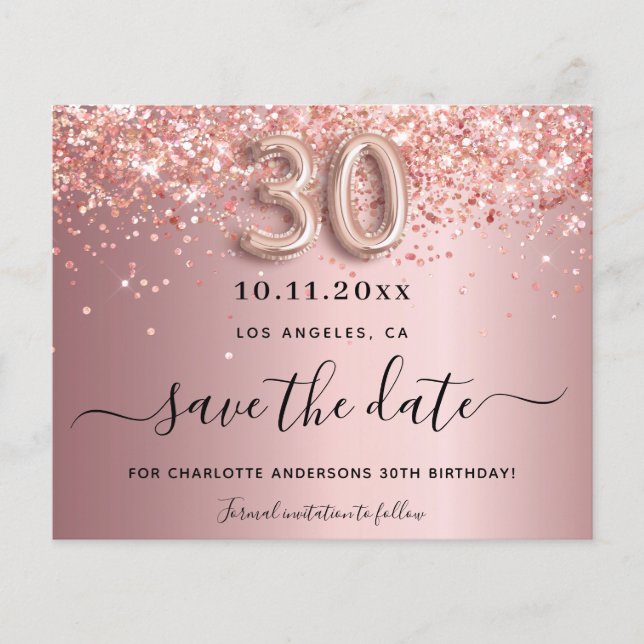 Budget 30th birthday blush glitter save the date (Front)