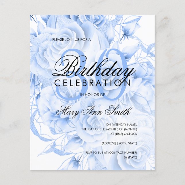 Budget 30th Birthday Floral Navy Blue Invite Flyer (Front)