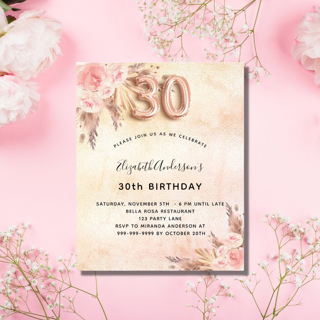 Budget 30th birthday pampas grass rose invitation (Creator Uploaded)