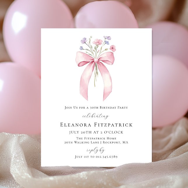 BUDGET 30th Birthday Pink Bow Wildflower Invite (Creator Uploaded)