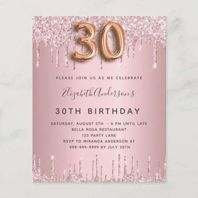 Budget 30th Birthday pink dusty rose glitter drips (Front)