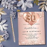 Budget 30th birthday rose gold balloons invitation<br><div class="desc">For an elegant 30th birthday.  A rose gold faux metallic looking background. Decorated with rose gold,  pink faux glitte,  sparkles and balloons.  Personalise and add a name,  and party details. The name is written with a hand lettered style script,  number 30 with balloon style fonts.</div>