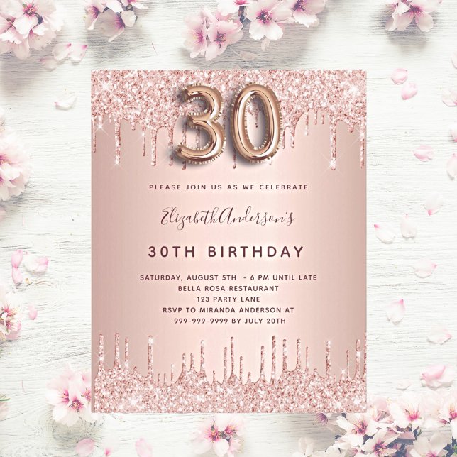Budget 30th Birthday rose gold glitter invitation (Creator Uploaded)