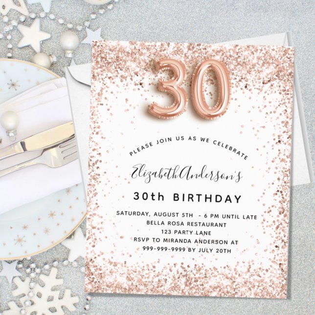 Budget 30th birthday rose gold white invitation (Creator Uploaded)